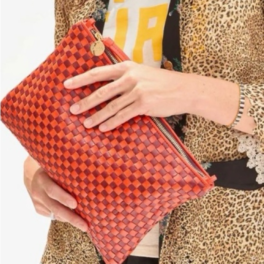Clare V Clutch Poppy & Bordeaux Woven Checker